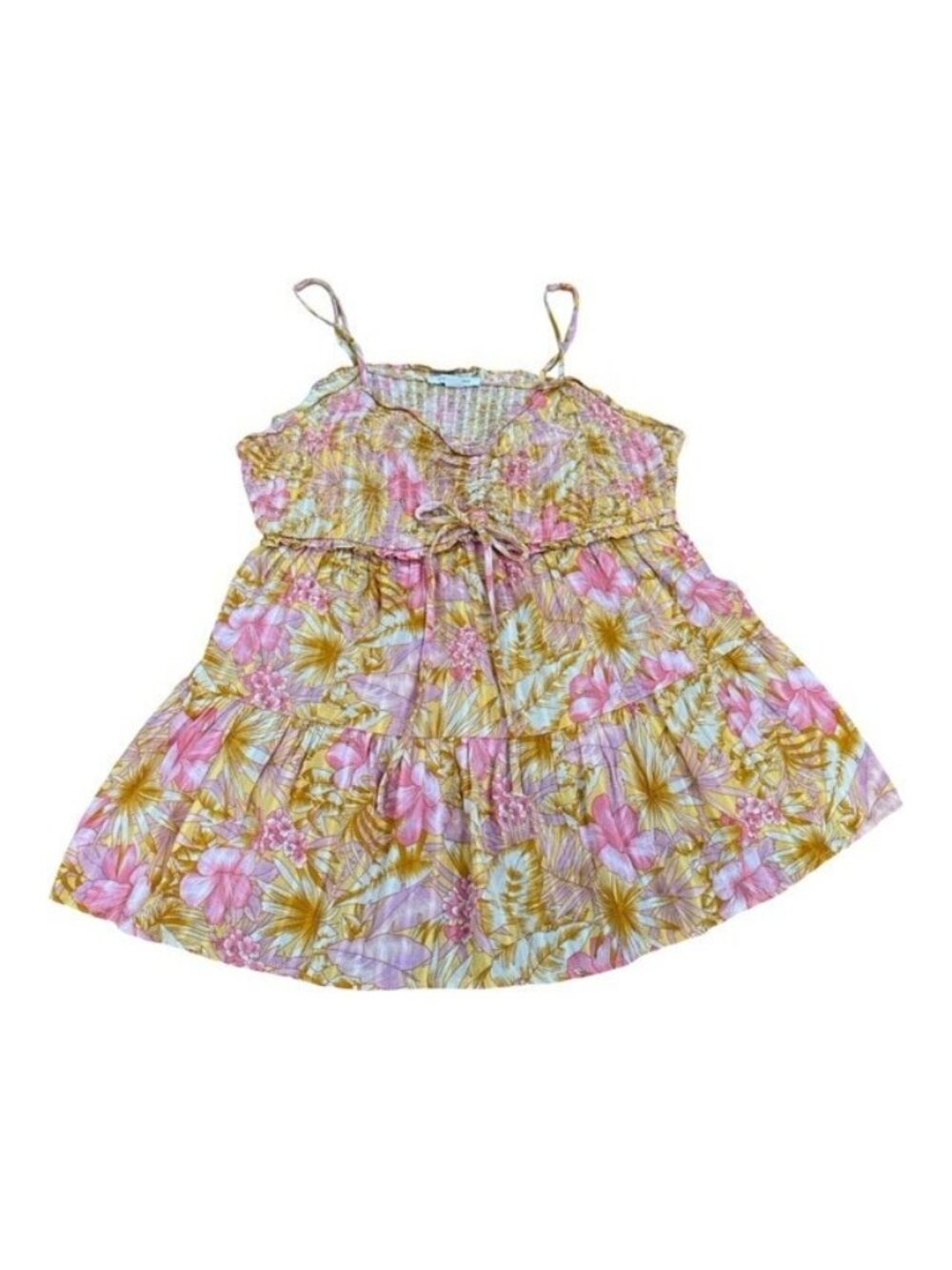 American Eagle Babydoll floral camisole top Yellow Pink Floral Ruched Large Boho